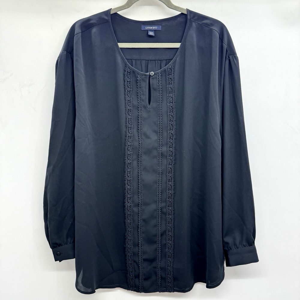Lands' End Women's Lace Detail Blouse Sz 22W Black Long Sleeve Office Minimalist